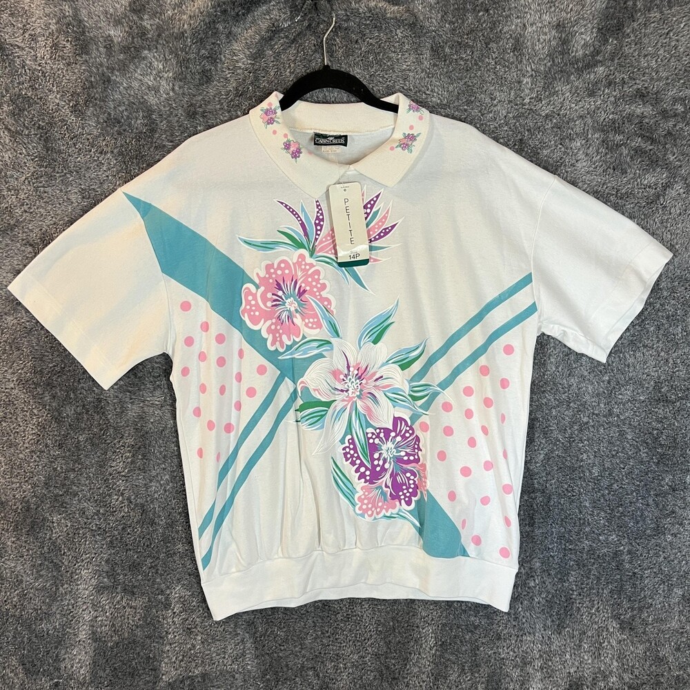 Vintage Cabin Creek Shirt Womens Petite 14P White Floral Graphic Banded Hem 90s